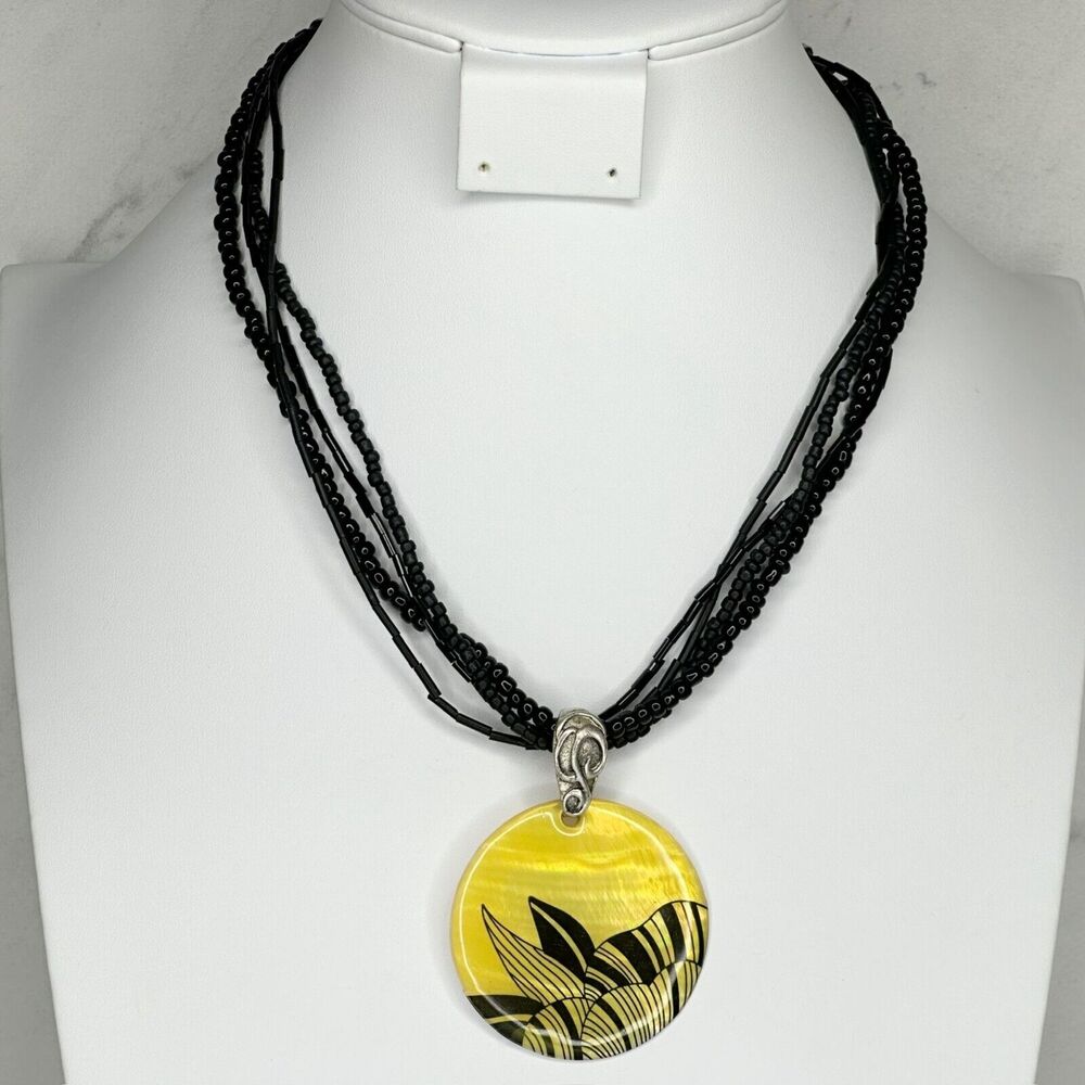 Chico's Black Beaded Mother of Pearl Shell Silver Tone Pendant Necklace
